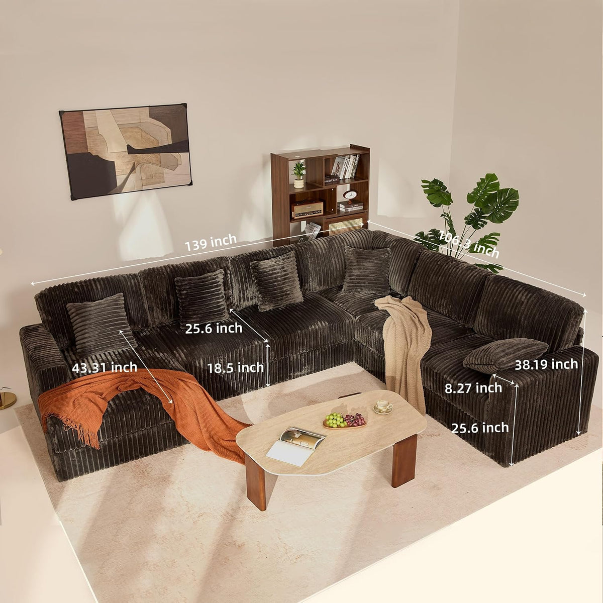 GOSUHI 139" U-Shaped Cloud Couch, Modular Sectional, Deep Seats, Grey | Pocket Spring Cushions, Oversized 7-Seater, Left Facing Chaise, Corduroy Upholstery Couches for Living Room