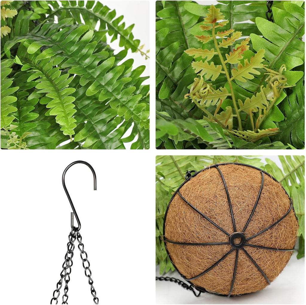 Fake Hanging Plants Large Boston Fern Artificial Plants Outdoor Realistic Fake Ferns with Palm Basket Silk Plants Ferns Hanging Plant Artificial Decor for Home Front Porch Window Garden - Green