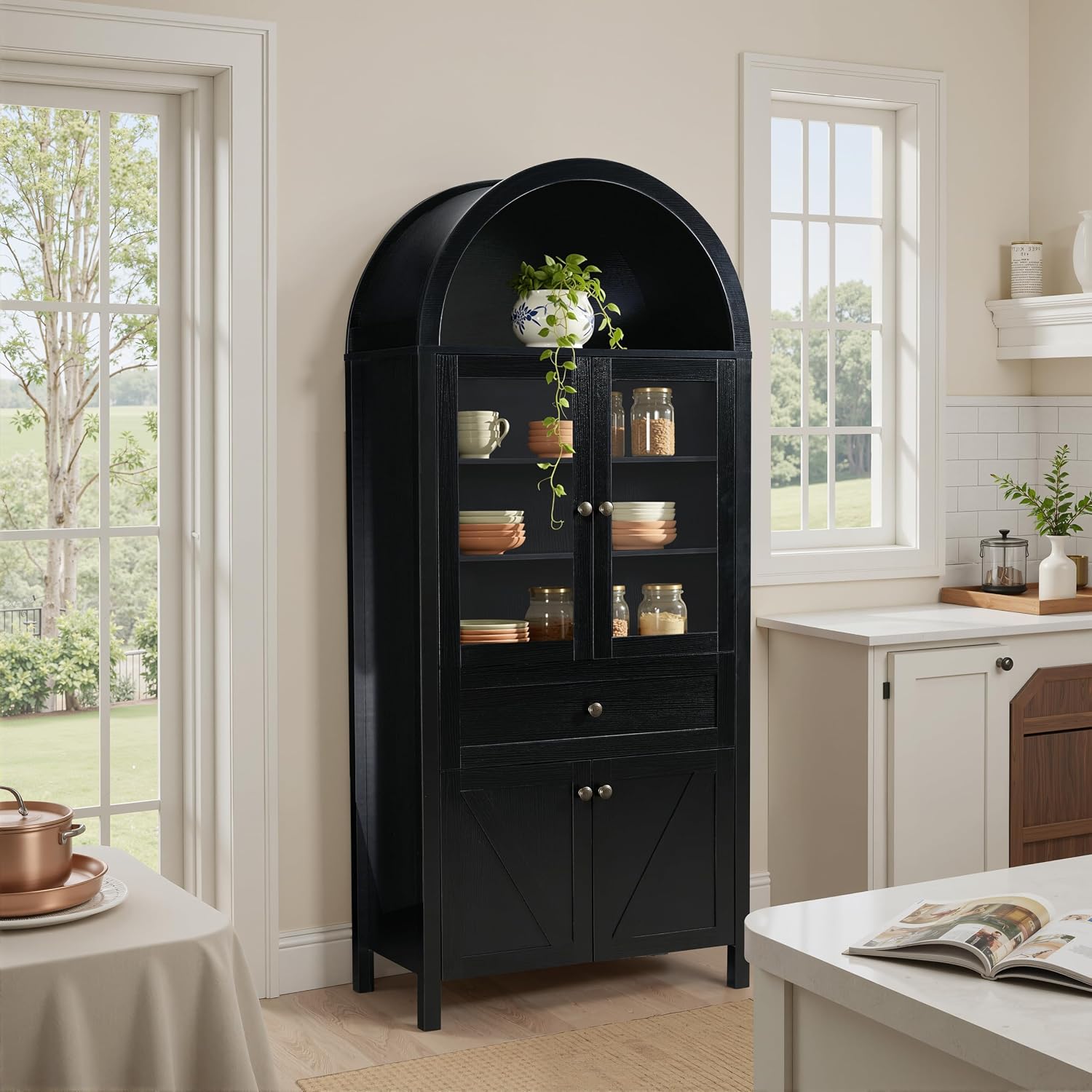 JIJIWANG Dome Kitchen Pantry Storage Cabinet with Doors & Adjustable Shelves,Farmhouse Large Sideboard Buffet with Drawer for Kitchen Living Room,Black