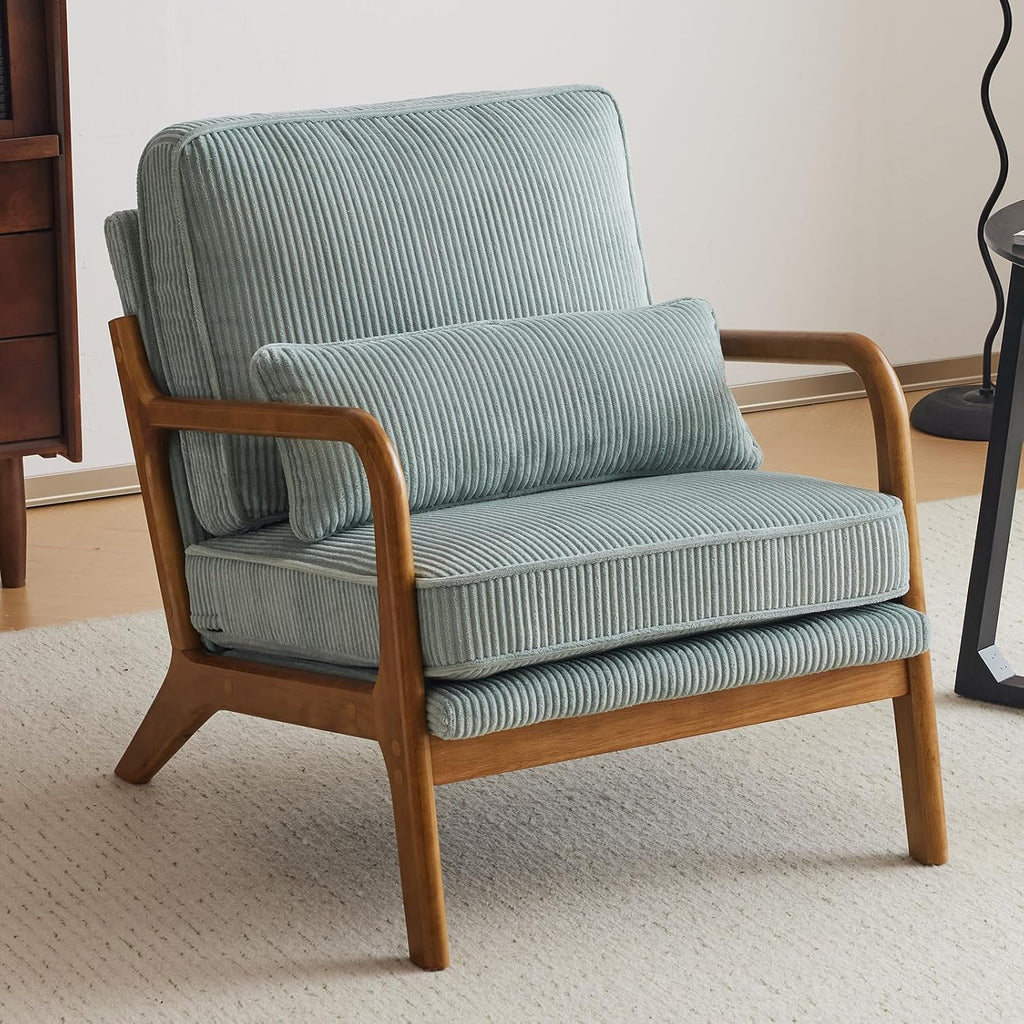VINGLI Upgraded Premium Corduroy Accent Chair,Upholstered Arm Chair,Solid Wood Comfy Reading Chair with Pillow, Mid Century Modern Chairs for Living Room,Bedroom,Guest Room,Light Teal