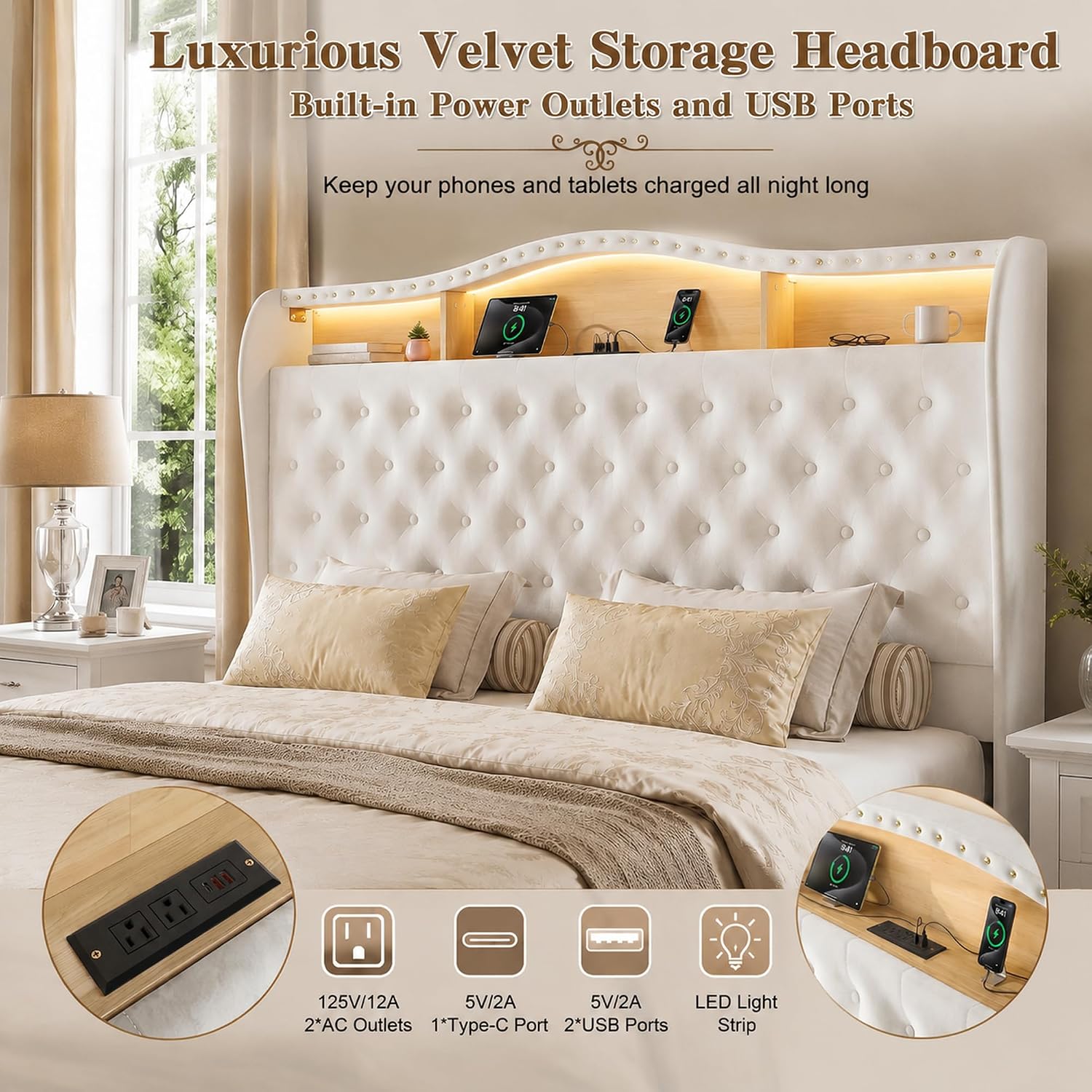 King Size Bed Frame with 51.2" Tall Lighted Storage Headboard and Charging Station, Velvet Upholstered Tufted Wingback Platform Bed with Footboard, No Box Spring Needed, Noise-Free