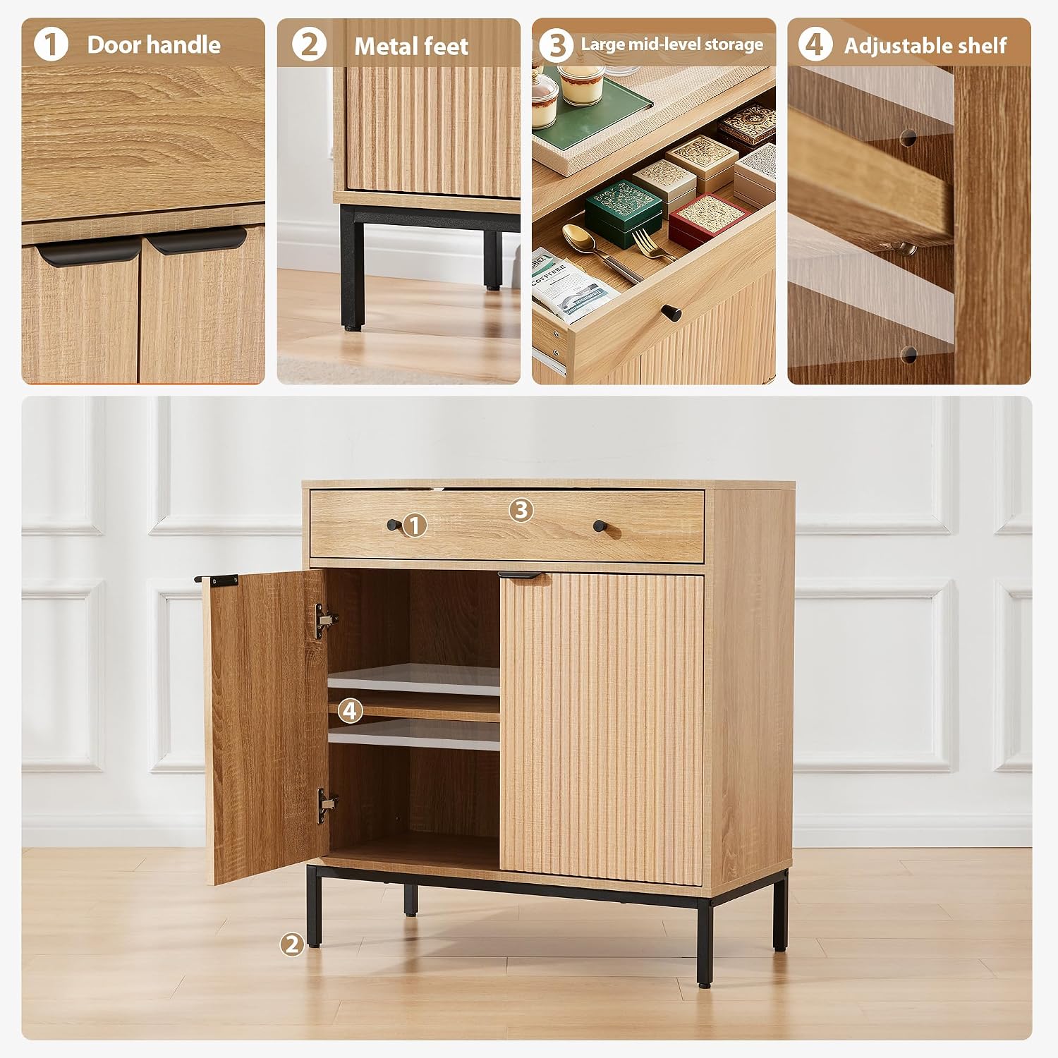 31 inch Sideboard Buffet Cabinet with Drawer, Modern Fluted Credenza with 2 Doors & Adjustable Shelf, Small Coffee Bar Storage for Kitchen, Entryway