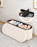 GLAXYFUR Storage Ottoman Bench, 43" Entryway Shoe Seat, Sherpa White | Upholstered Oval Ottoman with Storage, End of Bed Stool Blanket Chest, For Living Room, Hallway