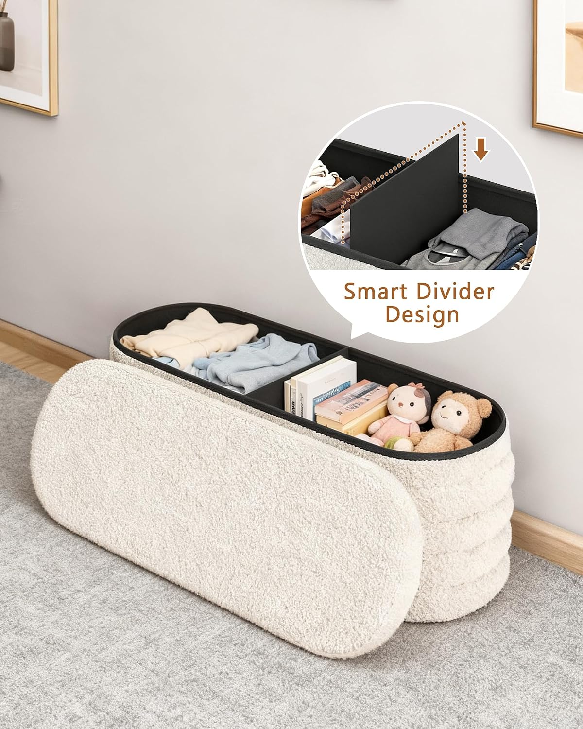 GLAXYFUR Storage Ottoman Bench, 43" Entryway Shoe Seat, Sherpa White | Upholstered Oval Ottoman with Storage, End of Bed Stool Blanket Chest, For Living Room, Hallway