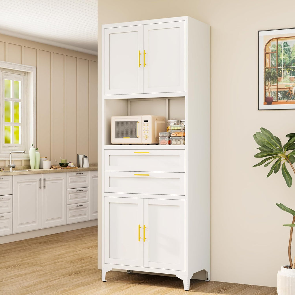 75” Tall Kitchen Pantry Storage Cabinet, Metal Bathroom Storage Cabinet with 2 Drawers and Adjustable Shelves, Kitchen Pantry Cupboard, Freestanding Cupboard for Bathroom, Living Room (White)
