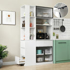 Modern 70.87" Tall Storage Cabinet with 5 Drawers, Glass Doors and Display Shelves, Freestanding Kitchen Pantry Cabinet with Microwave Space for Living Room, Dining Room, Hallway, White