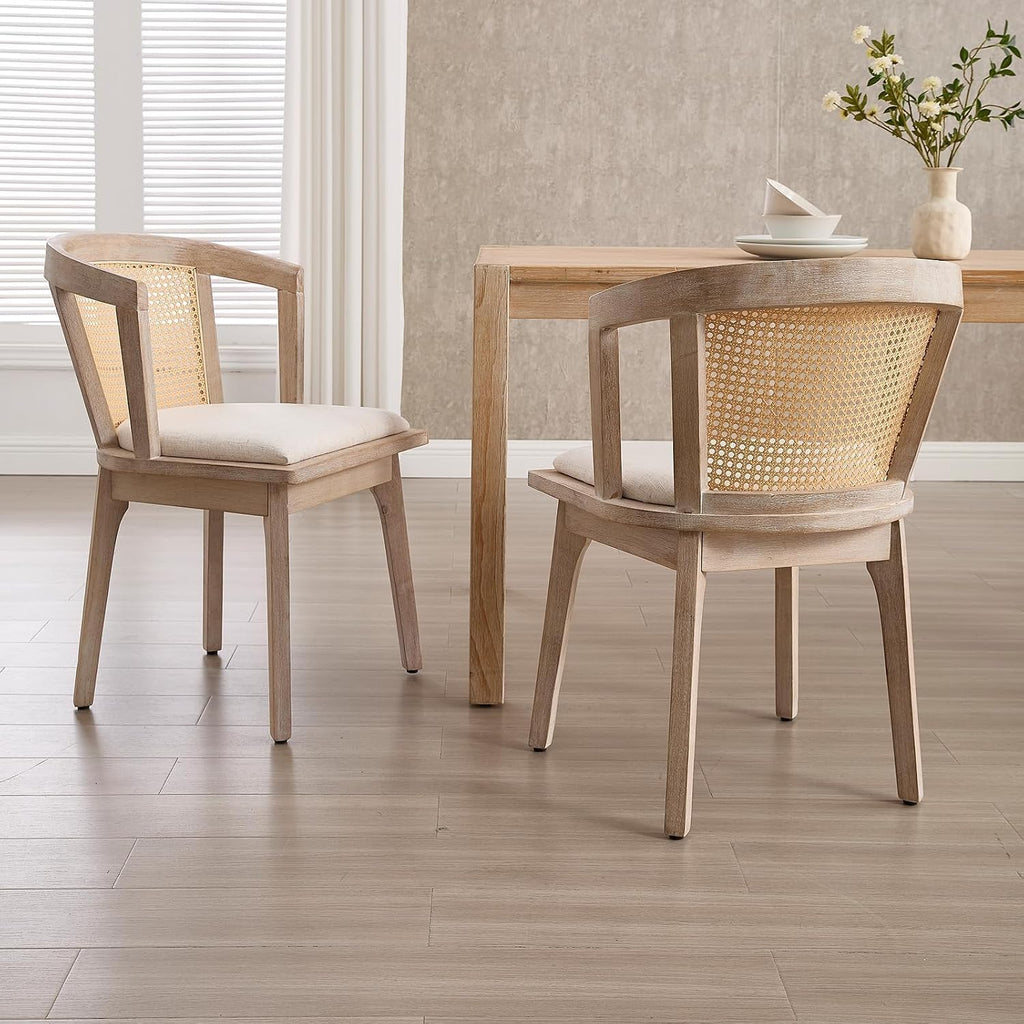 Kmax Rattan Dining Chair Set of 4 Farmhouse Semi Barrel Dining Room Chair Wooden Upholstered Chair for Kitchen Living Room, Oak