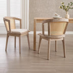 Kmax Rattan Dining Chair Set of 4 Farmhouse Semi Barrel Dining Room Chair Wooden Upholstered Chair for Kitchen Living Room, Oak