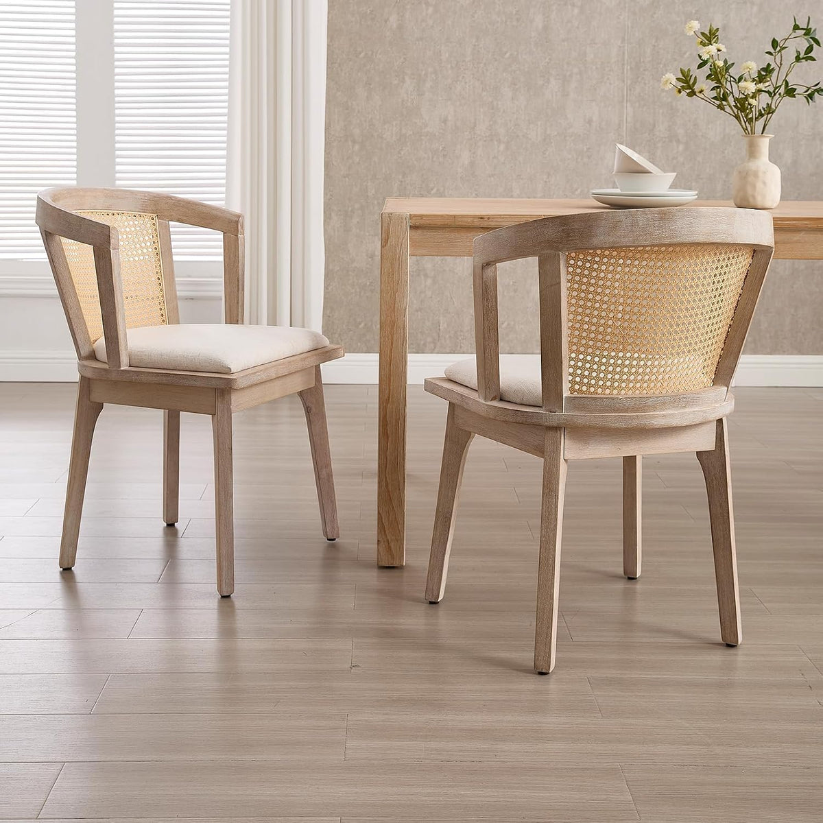 Kmax Rattan Dining Chair Set of 4 Farmhouse Semi Barrel Dining Room Chair Wooden Upholstered Chair for Kitchen Living Room, Oak