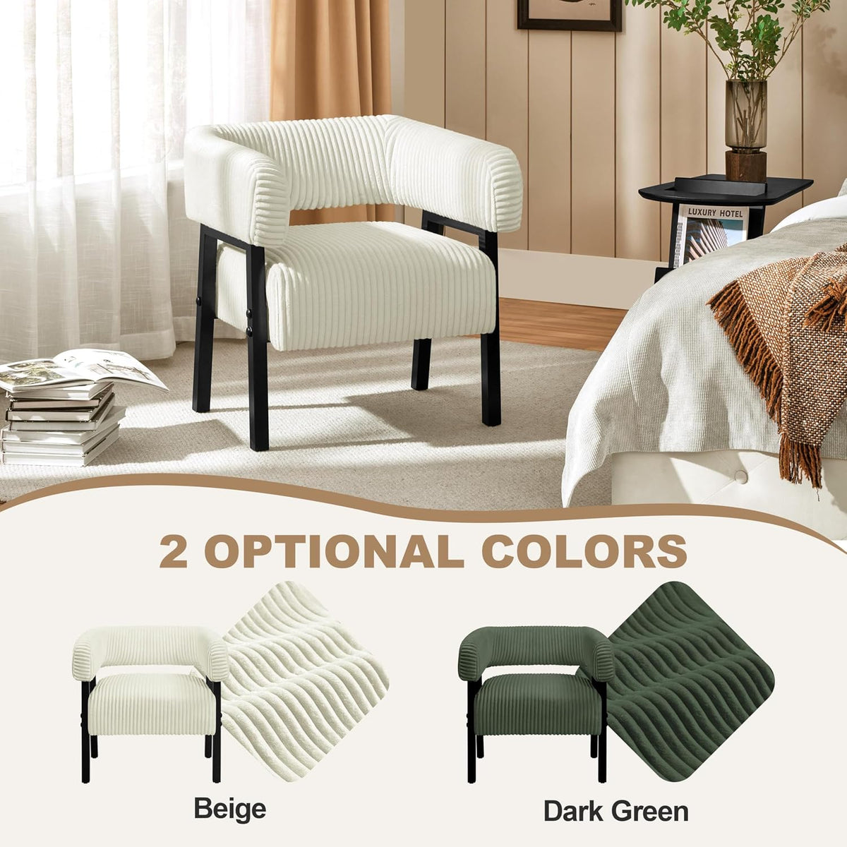 Yaheetech Accent Living Room Chair with Pocket Coiled Seat Set of 1 | Sofa Armchair | Barrel Chair | Corduroy | Comfy | Modern | Small Space | Bedroom | Reading | Beige