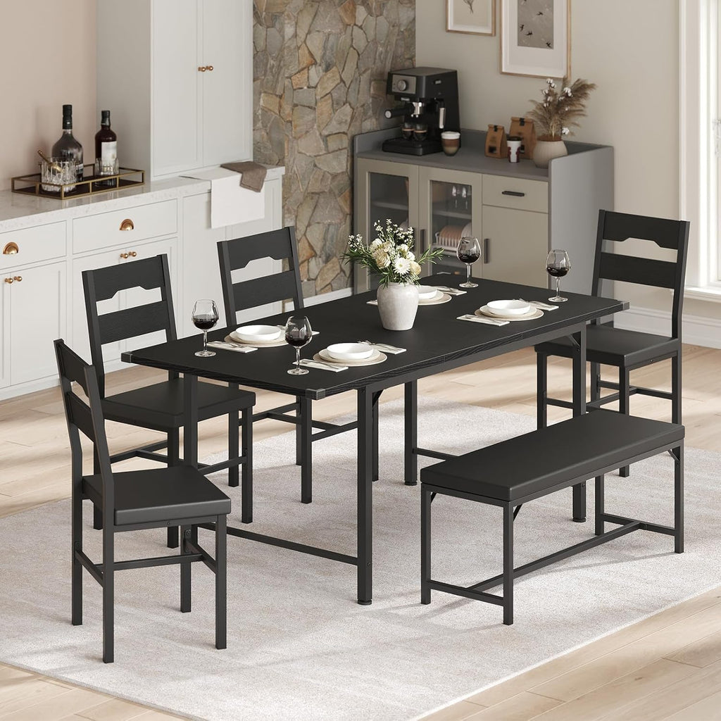 6-Piece Dining Table Set for 4-8, 63" Extendable Kitchen Table with 4 PU Upholstered Dining Room Chairs & Bench, Heavy-Duty Metal Frame, Space-Saving, for Small Space, Office, Kitchen, Black