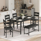 6-Piece Dining Table Set for 4-8, 63" Extendable Kitchen Table with 4 PU Upholstered Dining Room Chairs & Bench, Heavy-Duty Metal Frame, Space-Saving, for Small Space, Office, Kitchen, Black