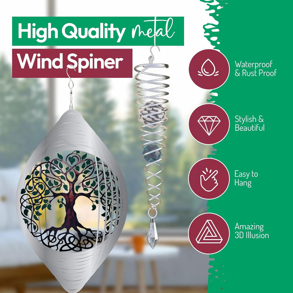 ISEO Tree of Life Wind Spinner for Yard and Garden with Gazing Ball Set, Hanging Outdoor Decor, Yard Art, Porch and Patio Decorations, Metal Wind Spinners Outdoor, Weather Resistant, 6.5”