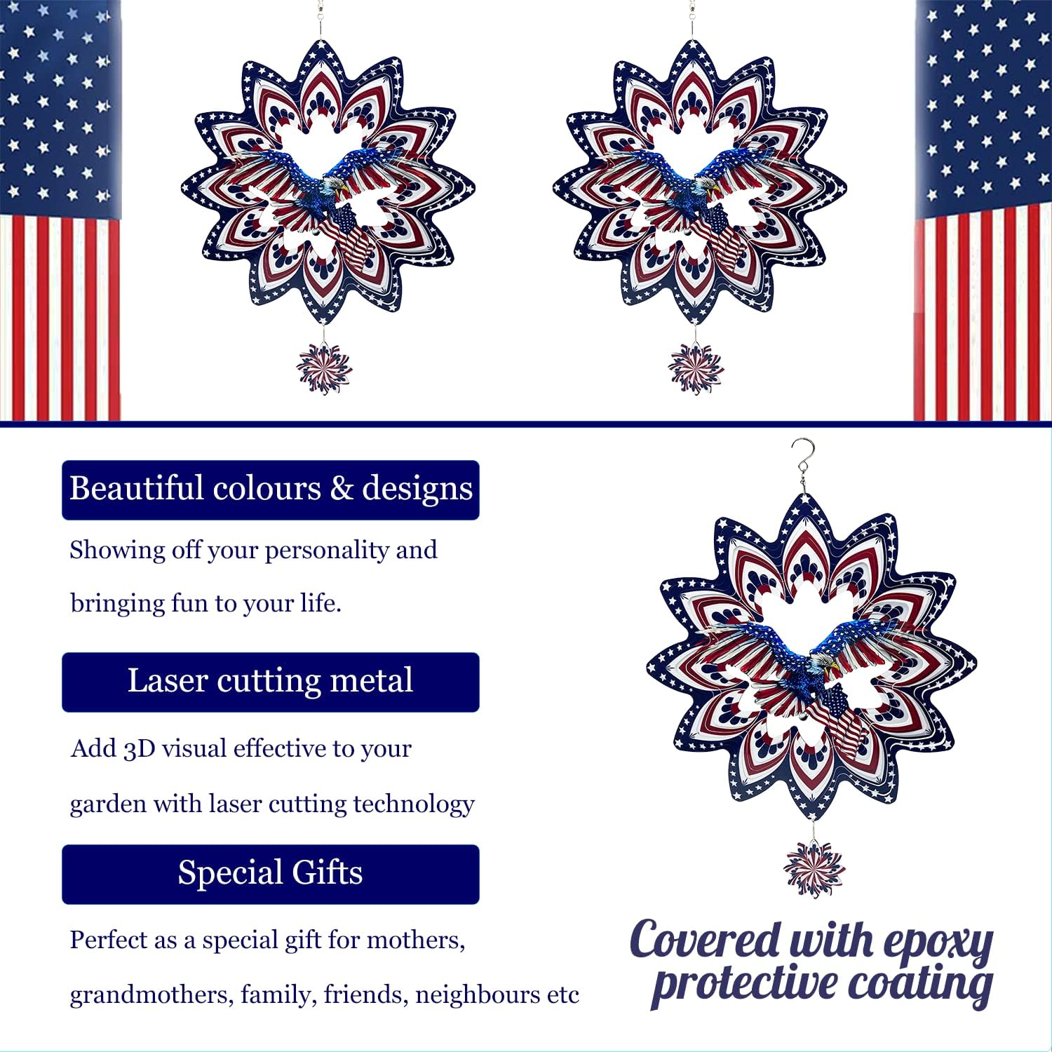 Eagle Wind Spinners for Yard and Garden,Wind Spinner Hanging,3D Metal Wind Catchers,12in American Flag Kinetic Spinner,Fourth of July Independence Day Party Decorations for Indoor Outdoor(Round)