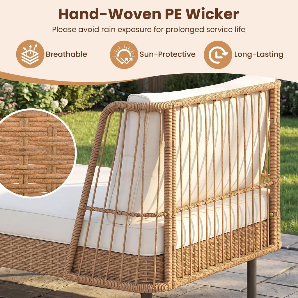HAPPYGRILL Outdoor Wicker Daybed, Rattan Patio Couch Sofa Bed with Armrests, Cushions & Pillows, Boho 2-Seater Lounge for Porch, Backyard, Garden, Poolside (1)