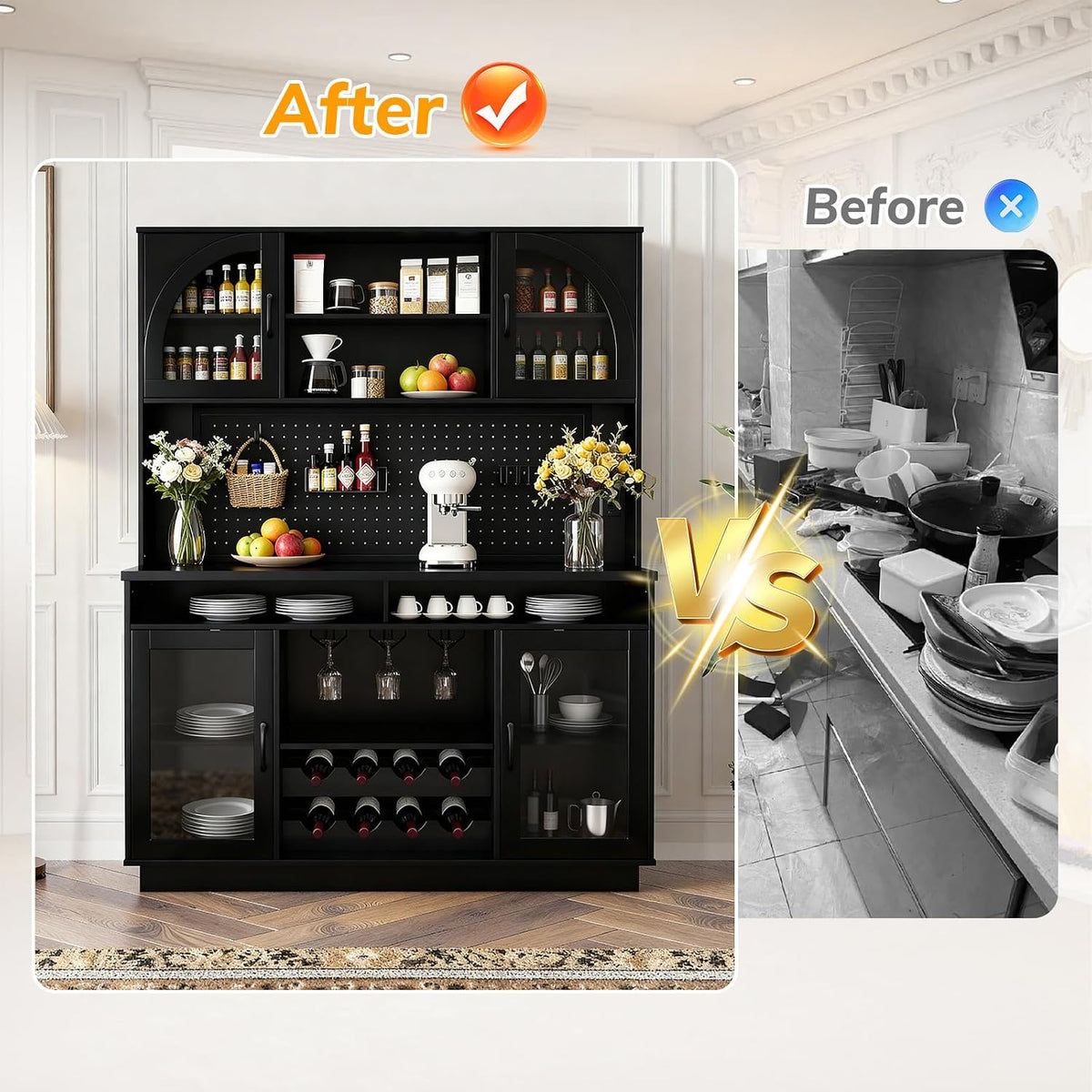 70.9" Tall Kitchen Pantry Cabinet with Outlet & LED Lights, 54.3" Wide Kitchen Storage Cabinet with Wine Rack, Farmhouse Coffee Bar Station with Pegboard, Buffet Sideboard (Black)