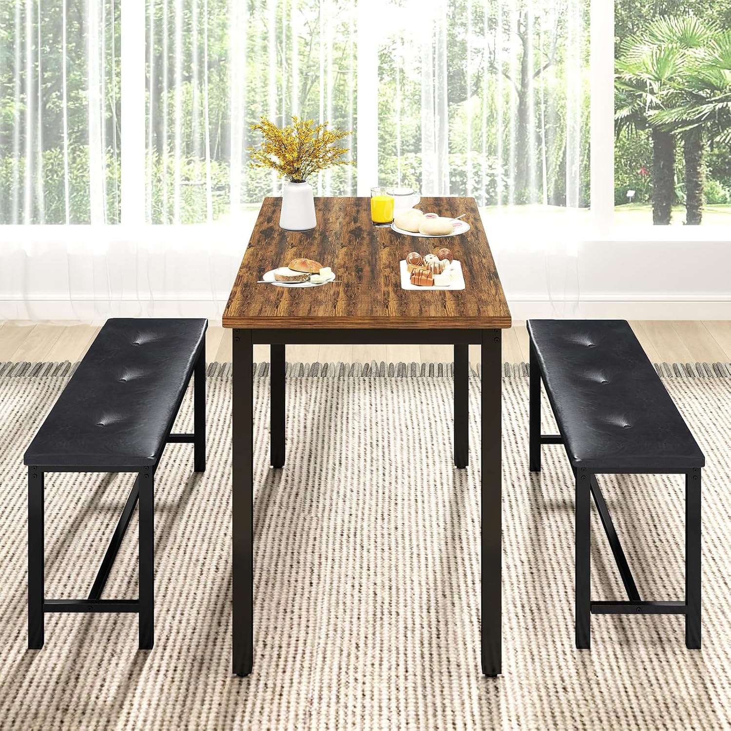 Rovibek Dining Room Table Bench Set for 4, Modern Space Saving Kitchen Table with with 2 Upholstered Benches & Adjustable Feet, Wooden Breakfast Table, 43", Brown