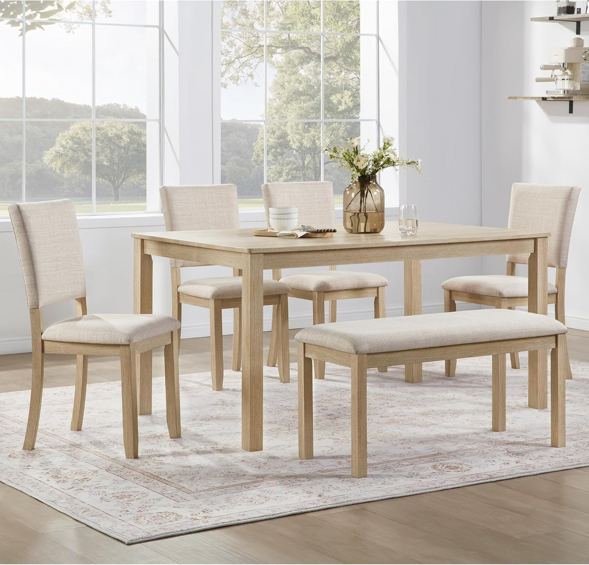 VilroCaz Farmhouse 6 Piece Dining Table Set, Wooden Rectangular Kitchen Table Set with 4 Upholstered Chairs and Bench for Living Room, Kitchen, Dining Room