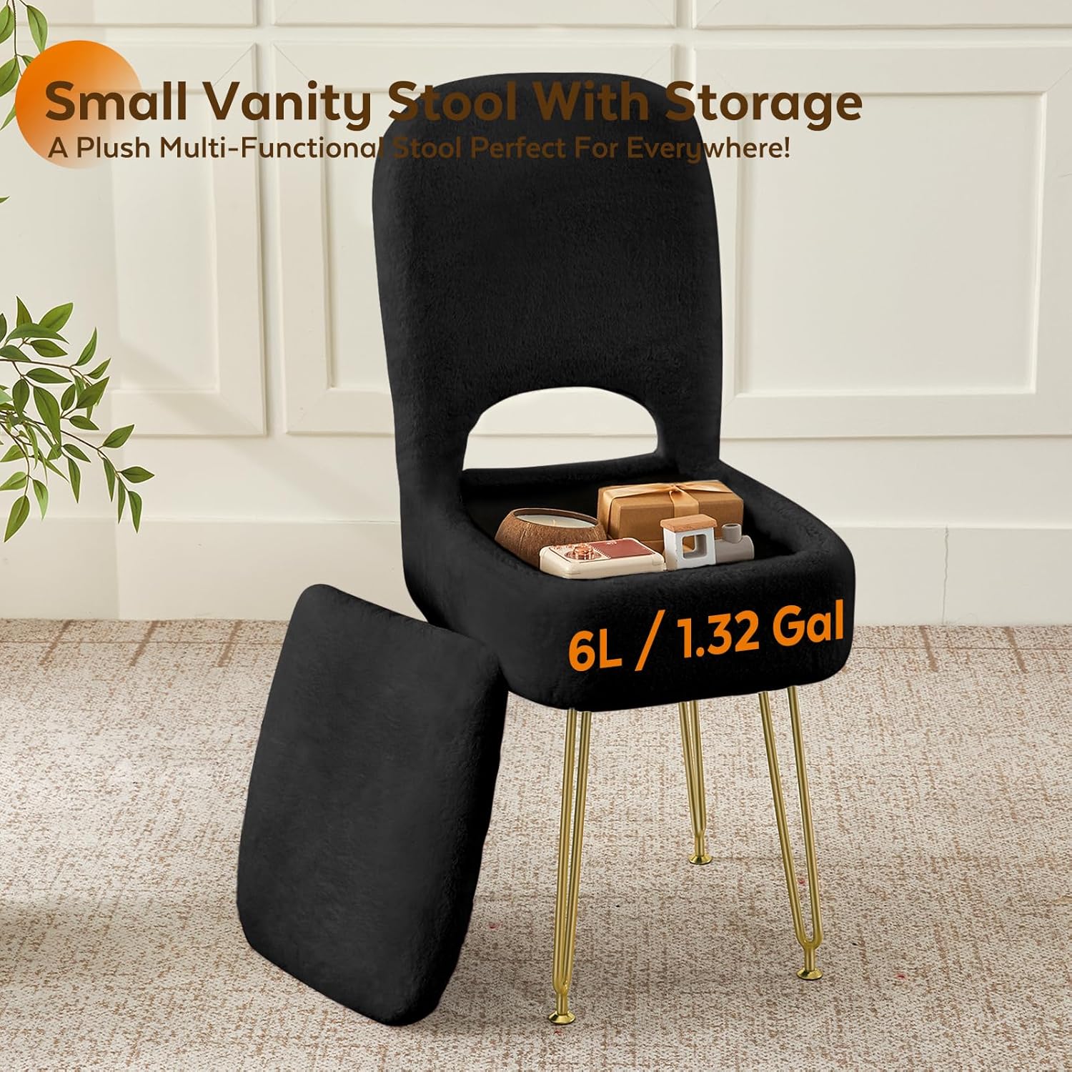 BRIAN & DANY Vanity Chair with Storage and Folding Back, Faux Fur Square Storage Chair, Vanity Stool Chair with 4 Metal Legs for Bedroom, Living Room and Makeup Stations, 13.4"x 15"x 30", Black