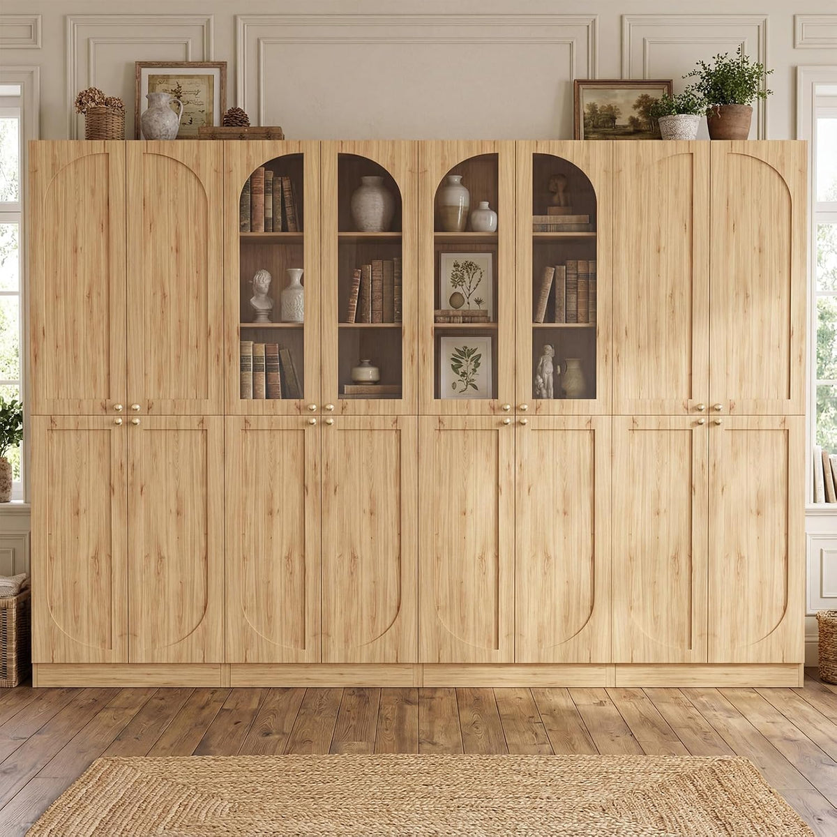 Cyclysio 80" Tall Kitchen Pantry Cabinet, 47" Wide Arch Storage Cabinets with Glass Doors and Adjustable Shelves, Freestanding Wood Floor Cupboard with Seamless Fit Wall for Living Room, Dining Room