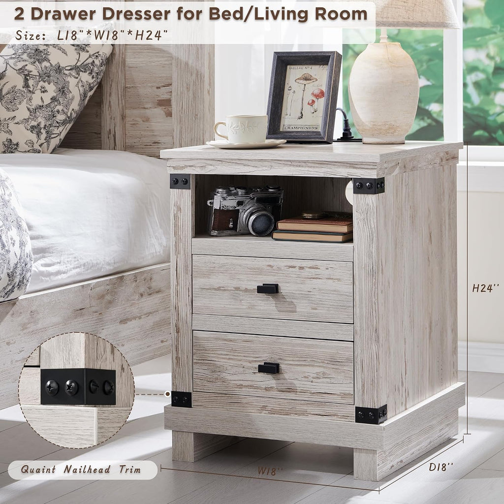 RedLemon Farmhouse Nightstand Set of 2 with Charging Station, 18" Rustic Night Stand with 2 Storage Drawers, Wood End Table for Bedroom, Living Room, Antique Brush White