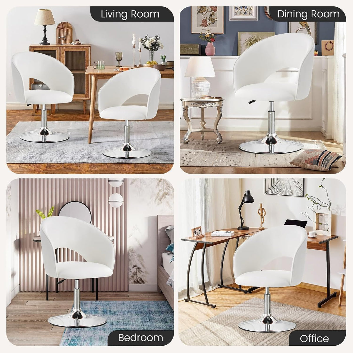 Furniliving Makeup Vanity Chair, Flexible Round-Back Accent Chair with Plated Frame, Height Adjustable Swivel Chairs for Bedroom Charming Chair, Living Room, Office, PU, White