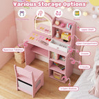 Costzon Kids Vanity with Lights, Girls Vanity Set with Mirror, Storage Drawer, Hooks & Shelves, Toddler Makeup Vanity Desk Dressing Table, Wooden Kids Vanity Table and Chair Set (Pink)