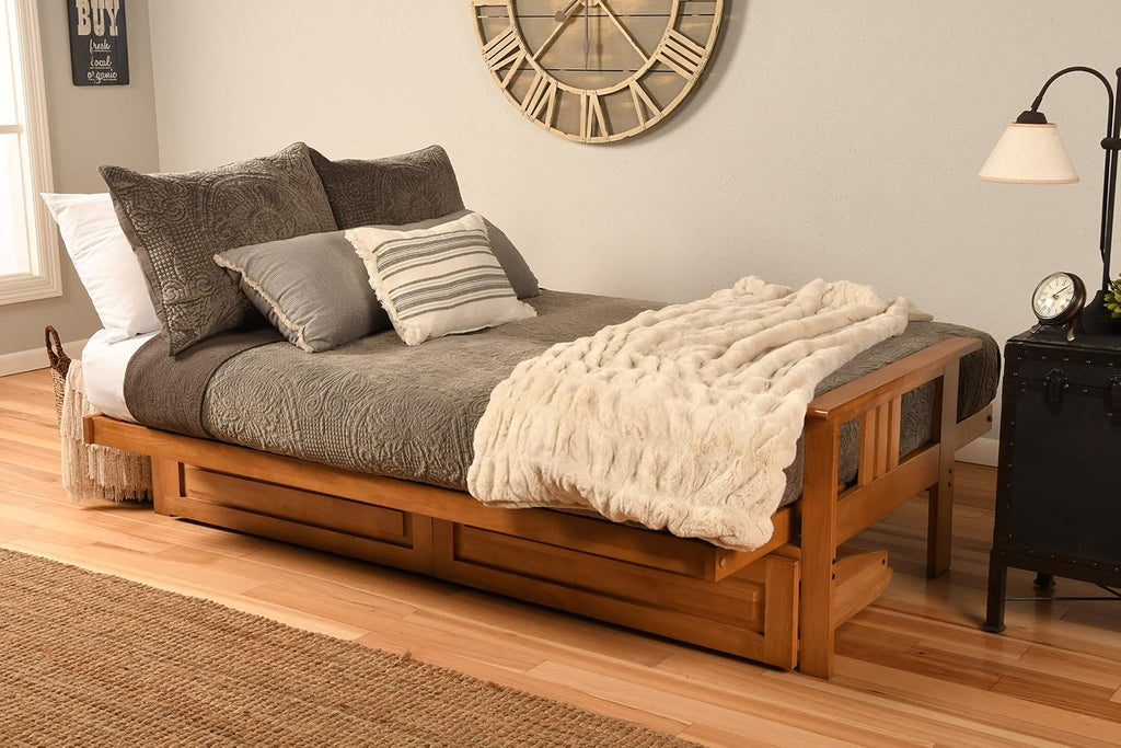 Kodiak Furniture Monterey Queen-size Futon, Storage Drawers, Butternut Finish with Suede Gray Mattress