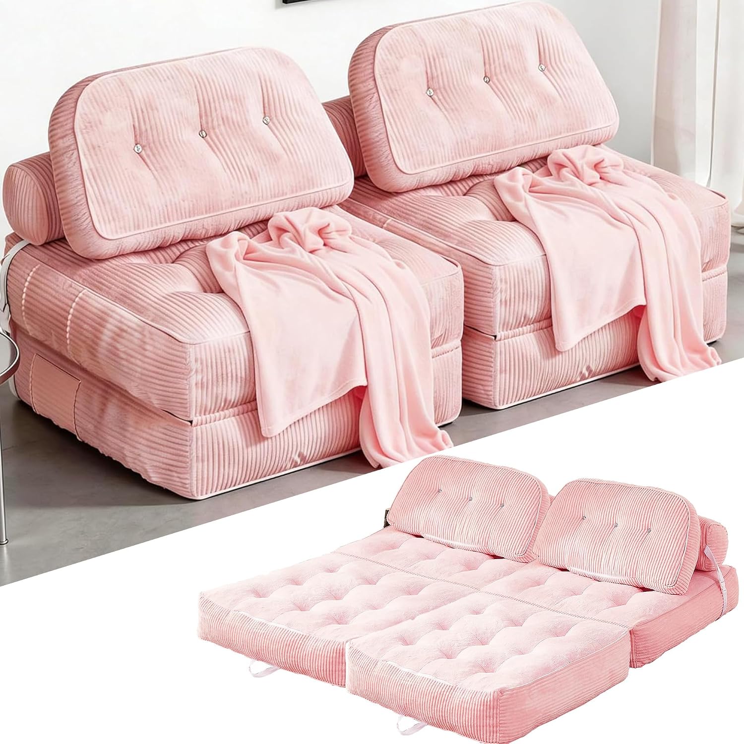 Folding Sofa Bed, Flannel Futon Couch Bed with Pillow and Blanket, Convertible Sleeper Chair for Living Room Bedroom (Two Pink)