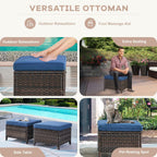 Patio Ottomans Set of 2 Outdoor Ottomans Wicker Foot Stools 2 Piece Footrest PE Rattan Ottomans with Thickened Cushions for Patio Garden Porch Balcony Poolside Deck, Brown|Blue