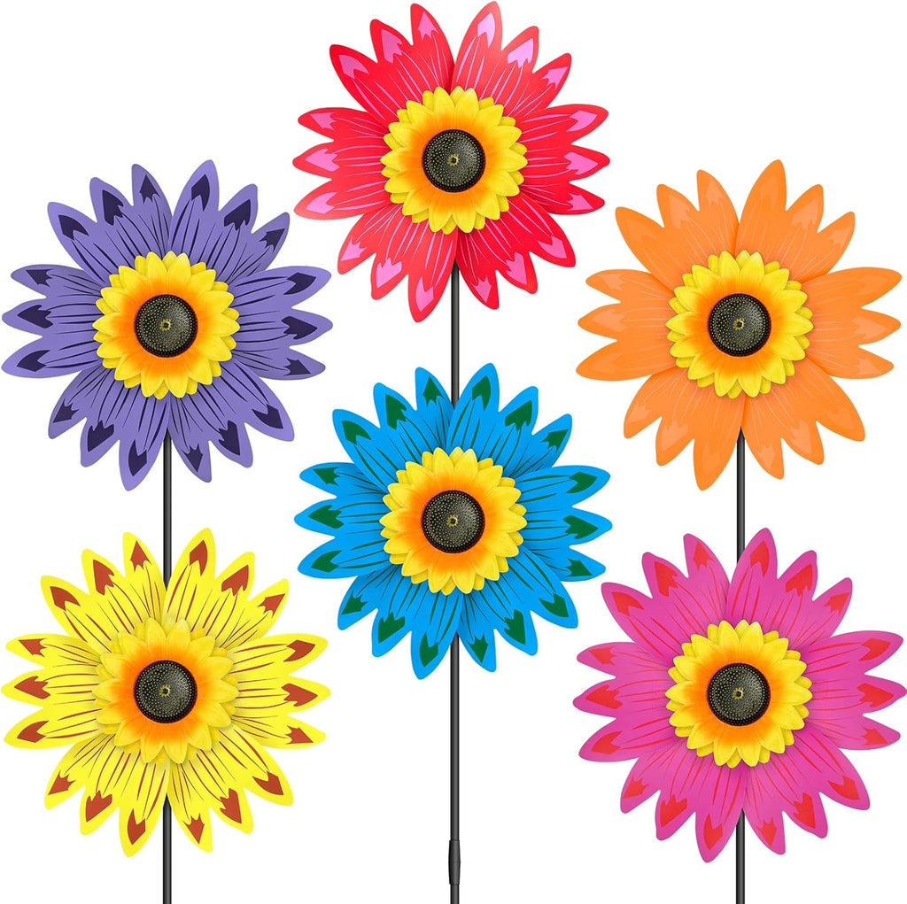 6PCS Sunflower Wind Spinners with Stakes 14" W x 29" H Wind Spinners Lawn Pinwheel Sunflower Windmill Outdoor Multicolor Pinwheels for Yard Decoration