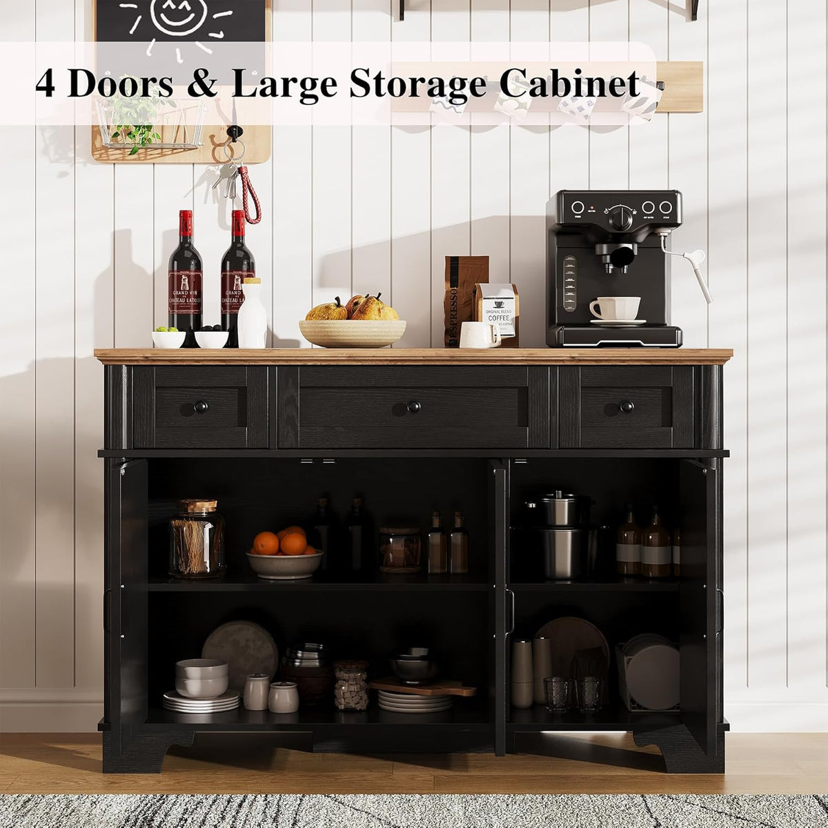 BestHaped Farmhouse Buffet Cabinet with Storage, Black Sideboard Buffet Cabinet with Adjustable Shelves & 3 Drawers, Buffet Table Coffee Bar Wine Bar Storage for Kitchen & Living Room, 47 Inch