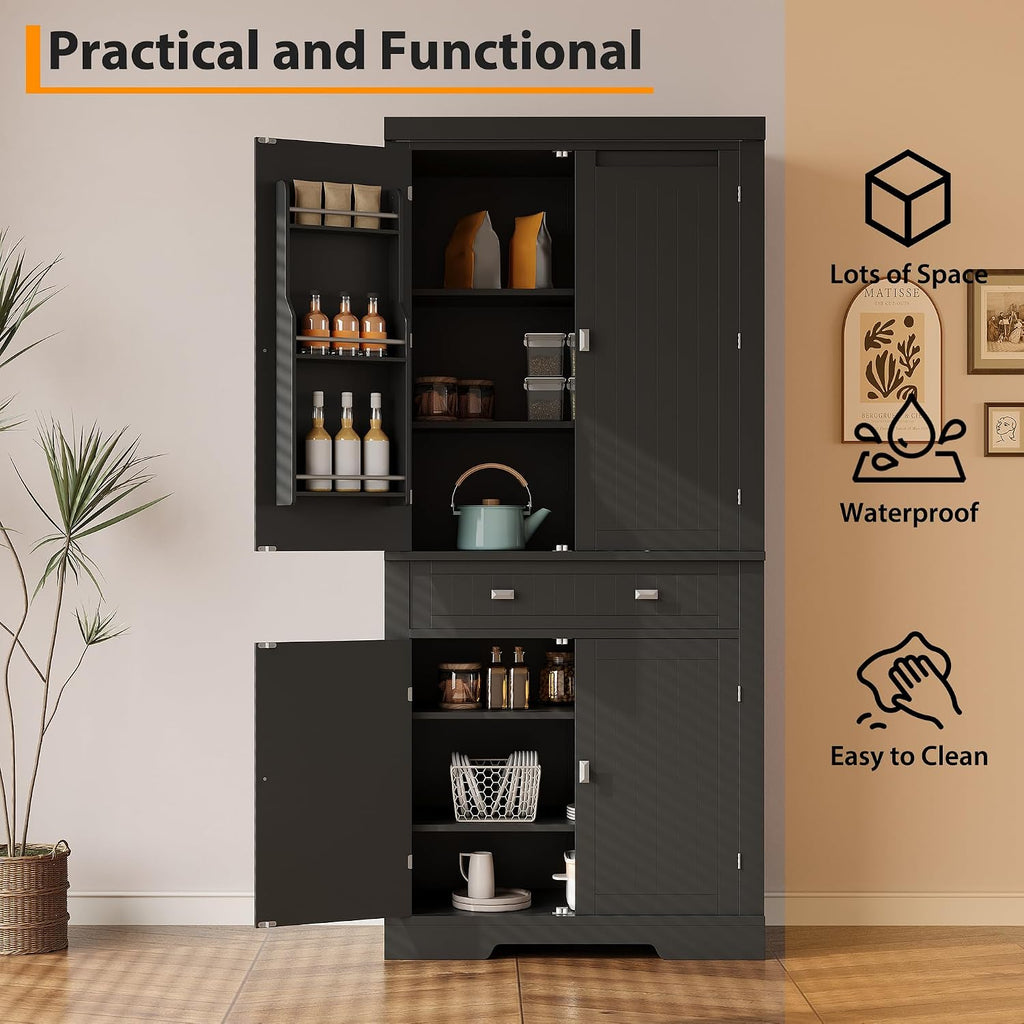 IDEALHOUSE 72" Kitchen Pantry Cabinet with Drawer, Doors and Shelves, Wood Farmhouse Storage Cabinet, Large Storage Cupboard for Living Room, Dining Room(Black)