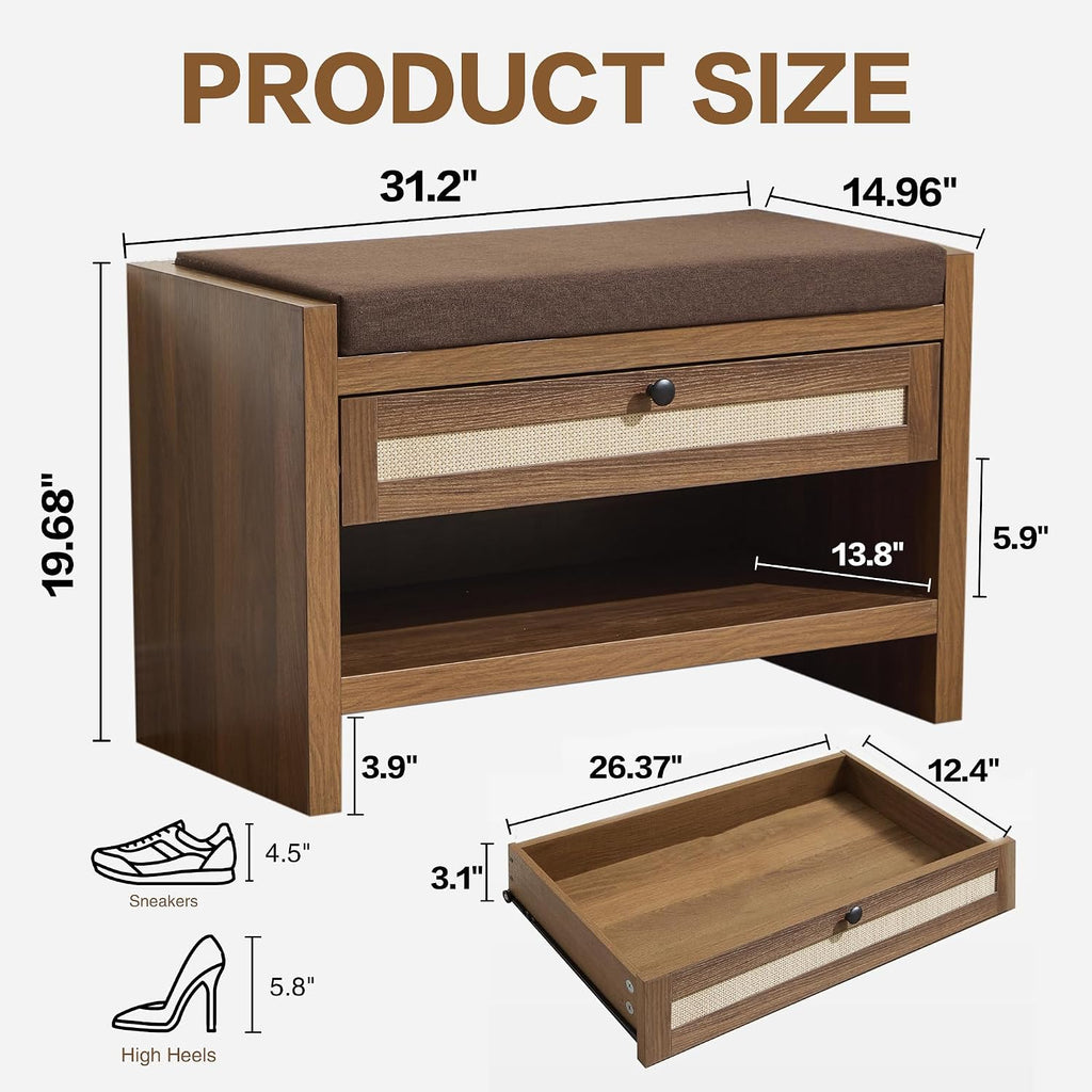 VipDesk Rattan Shoe Bench with Storage Drawer and Cushion Seat, Walnut Wood Entryway Bench 330 lbs Capacity, Waterproof for Hallway, Bedroom, Living Room
