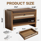 VipDesk Rattan Shoe Bench with Storage Drawer and Cushion Seat, Walnut Wood Entryway Bench 330 lbs Capacity, Waterproof for Hallway, Bedroom, Living Room