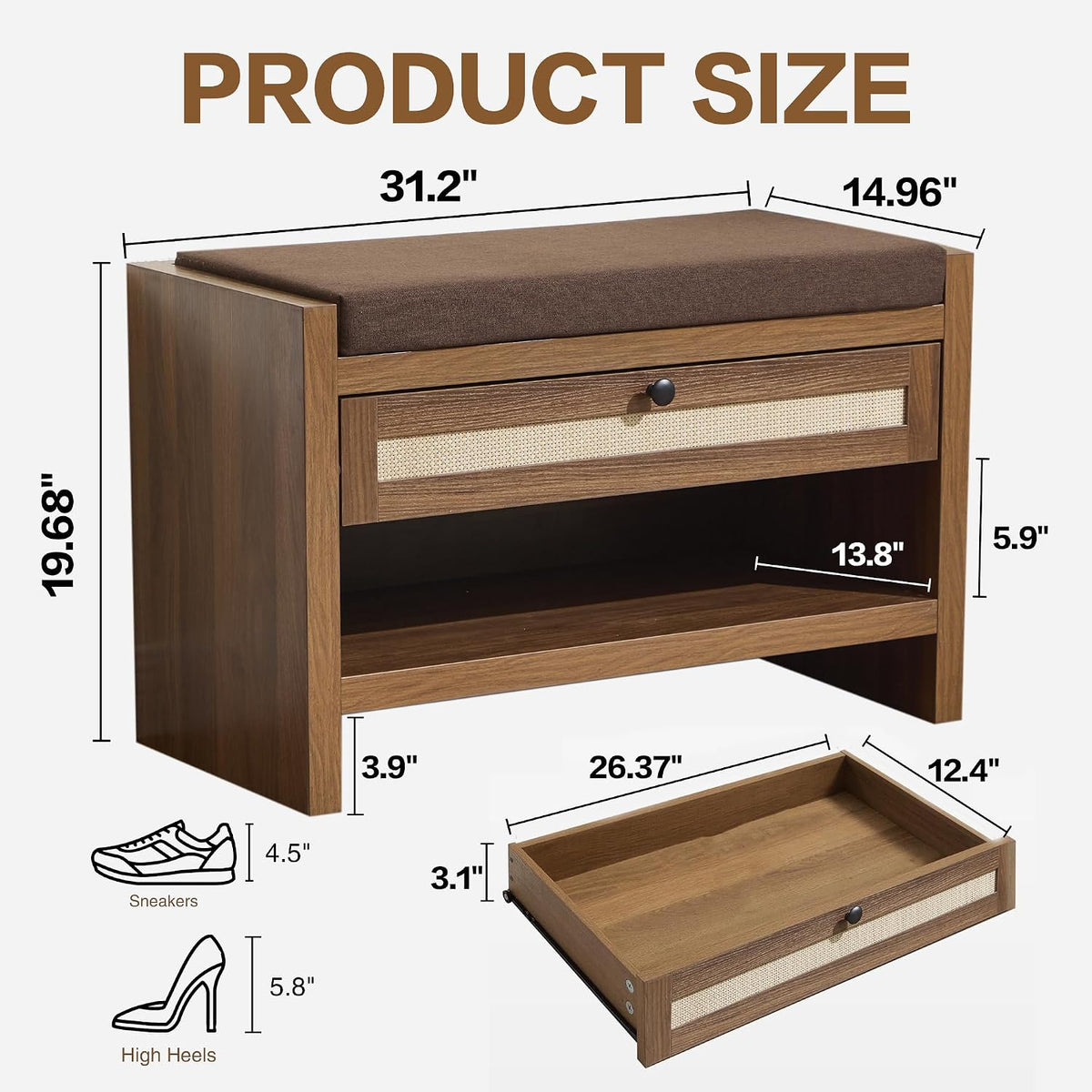 VipDesk Rattan Shoe Bench with Storage Drawer and Cushion Seat, Walnut Wood Entryway Bench 330 lbs Capacity, Waterproof for Hallway, Bedroom, Living Room