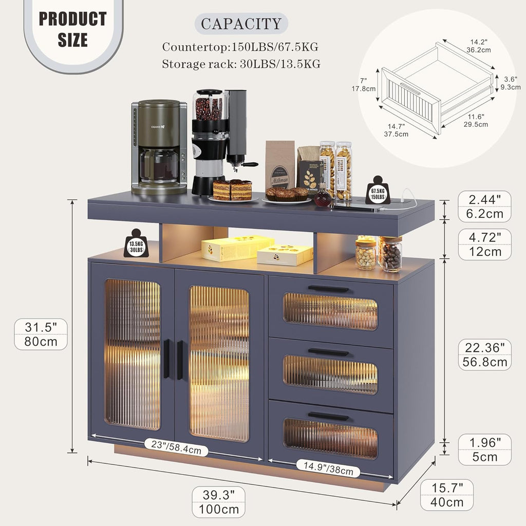 Dystler Coffee Bar Cabinet with Storage, Modern Buffet Cabinet with 3 Drawers and 2 Doors, Sideboard Buffet with Charging Station and Lights, Grey