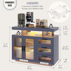 Dystler Coffee Bar Cabinet with Storage, Modern Buffet Cabinet with 3 Drawers and 2 Doors, Sideboard Buffet with Charging Station and Lights, Grey
