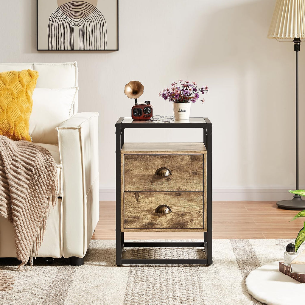 VECELO Bedside End Table, Modern Nightstand with Drawer, Night Stand for Living Room Bedroom, Tempered Glass, Grey