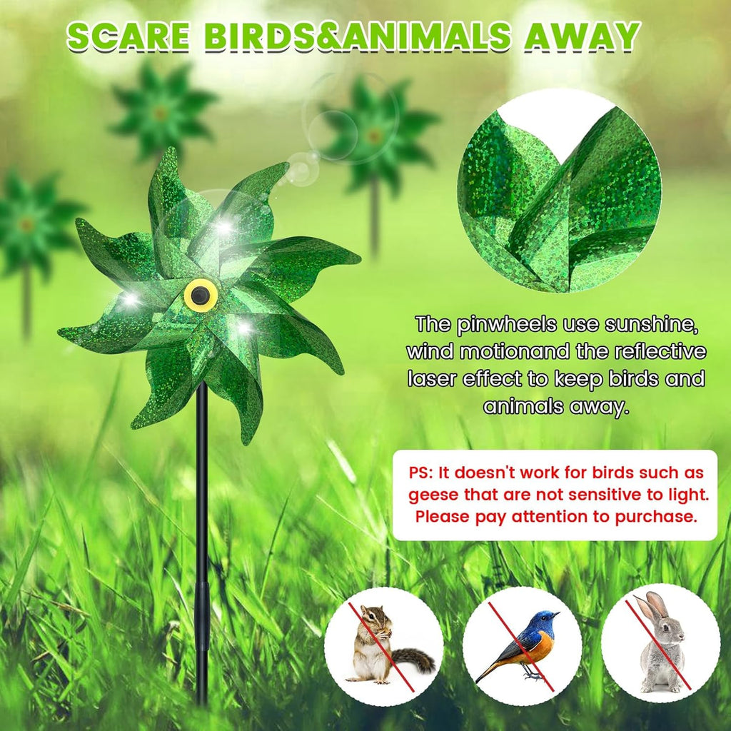 10 PCS Reflective Pinwheels for Yard and Garden Bird Devices Pre-Installed Sparkly Wind Spinner Deterrent to Scare Birds Away from Yard Patio Farm (Green)