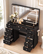 Otterease Black Makeup Vanity with Mirror and Lights,11 Drawers & Glass Top | Large Black Vanity Table with LED Lighted Mirror, Charging Station, Hair Dryer Holder for Bedroom