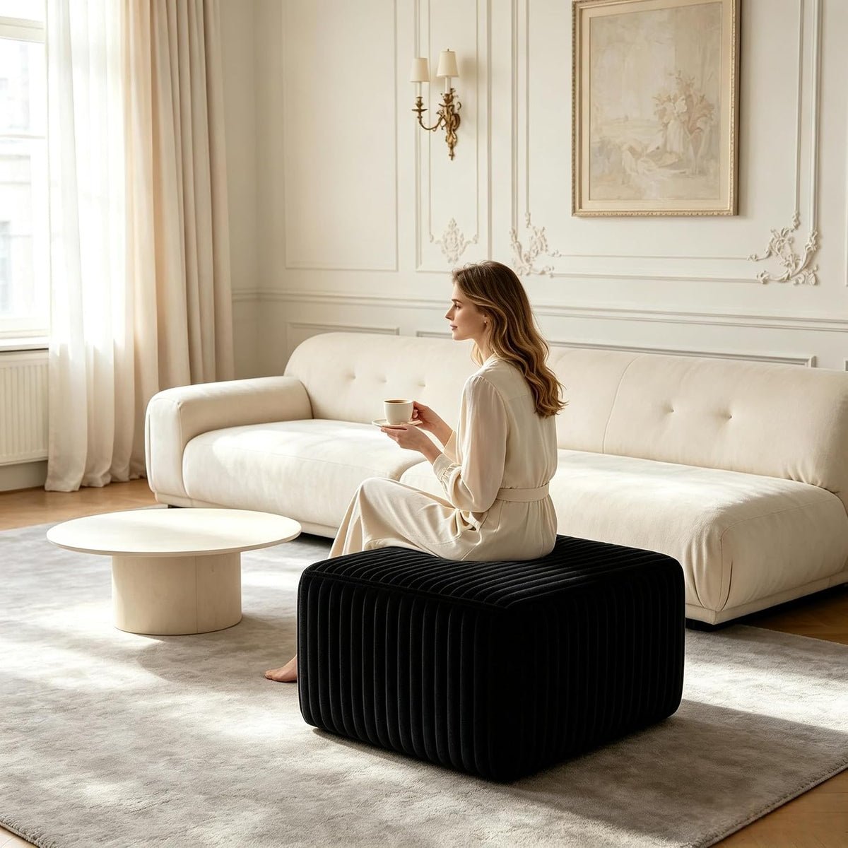 28 Inch Corduroy Square Ottoman Foot Rest, Modular Cloud Sofa Cube Pouf, 250LBS No Assembly Foot Stool for Living Room (Black, 25.7" D x 28" W x 15.7" H)