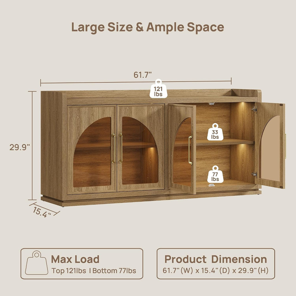 SICOTAS Sideboard Buffet Cabinet with Storage and LED Lights-Modern Large Credenza Storage Cabinet with Arch Glass Doors, Adjustable Shelves, 61.7" Wooden Media Console Coffee Bar Cabinet, Brown Oak