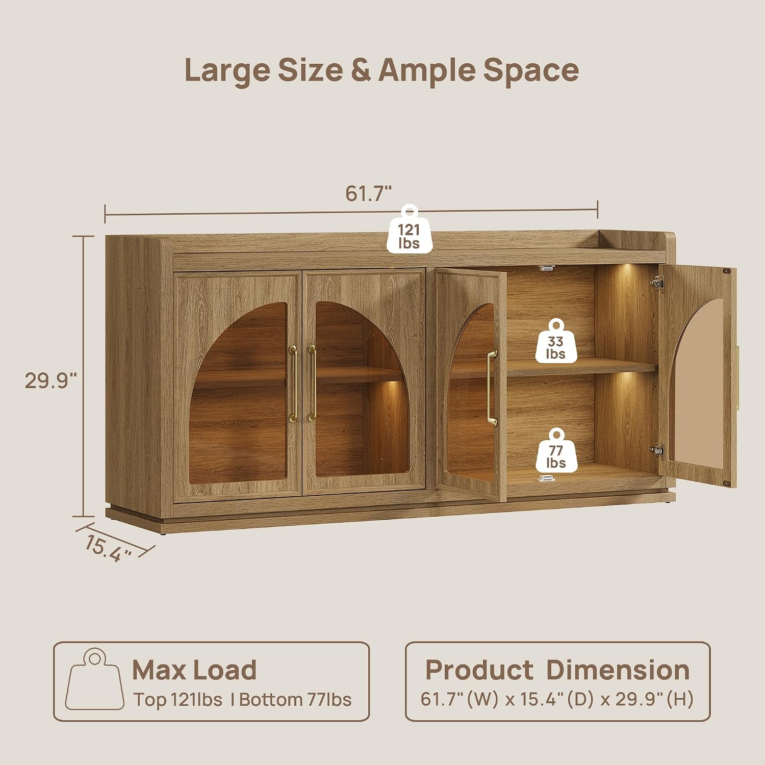 SICOTAS Sideboard Buffet Cabinet with Storage and LED Lights-Modern Large Credenza Storage Cabinet with Arch Glass Doors, Adjustable Shelves, 61.7" Wooden Media Console Coffee Bar Cabinet, Brown Oak