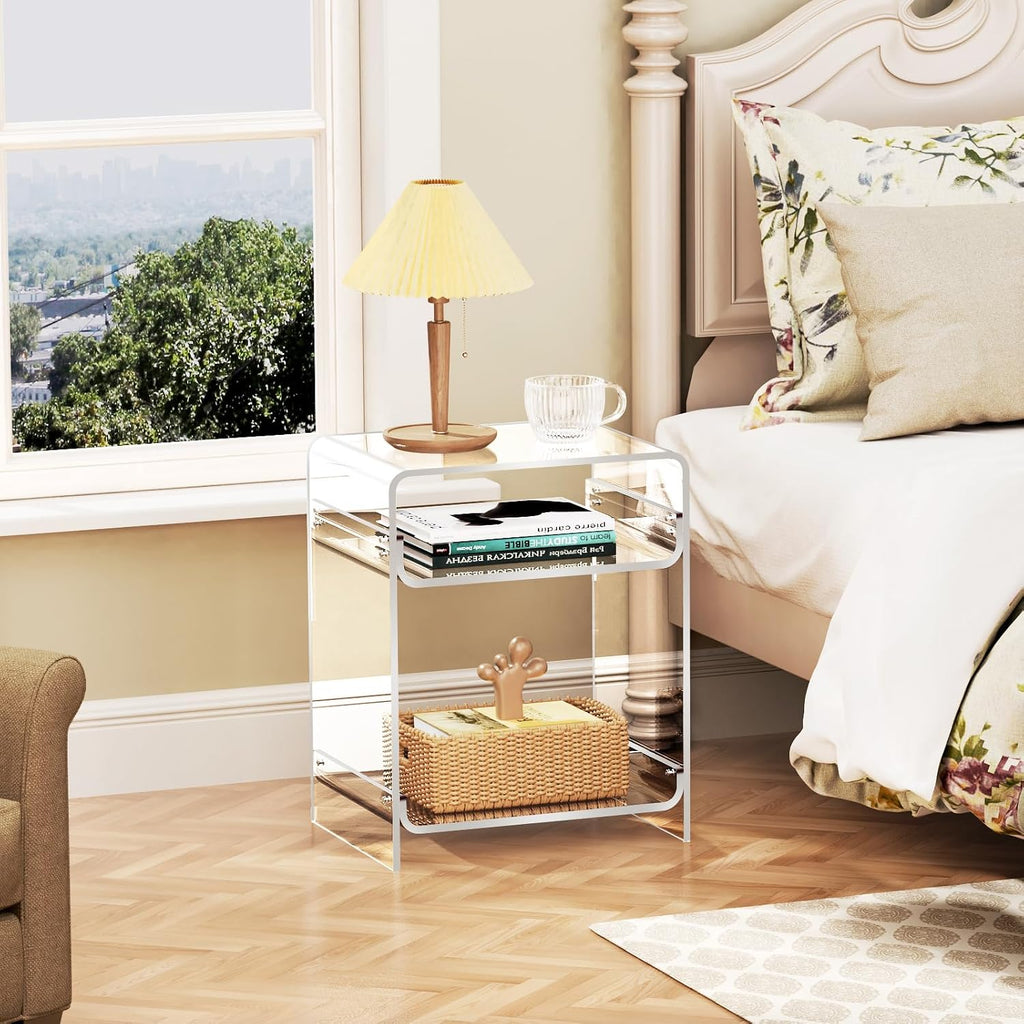 Acrylic End Table Record Player Table with Storage Shelf Clear Side Table Nightstand (15.7x19.7x11.8) (Clear)