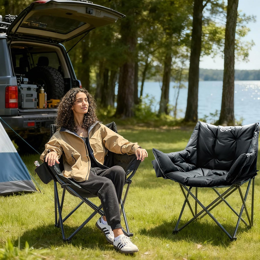 Portal 33" Oversized 2 Pack Padded Camping Chair - Heavy Duty Folding Chair with Cup Holder & Side Pocket, Supports 350 lbs, for Camping, Lawn, Sports, Black