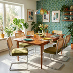 Rattan Dining Chairs Set of 4, Mid-Century Modern Dining Room Chairs with Cane Back, Velvet Upholstered Seat & Chrome Cantilever Frame, Sillas de Comedor, Kitchen & Dining Room Chairs (Green)