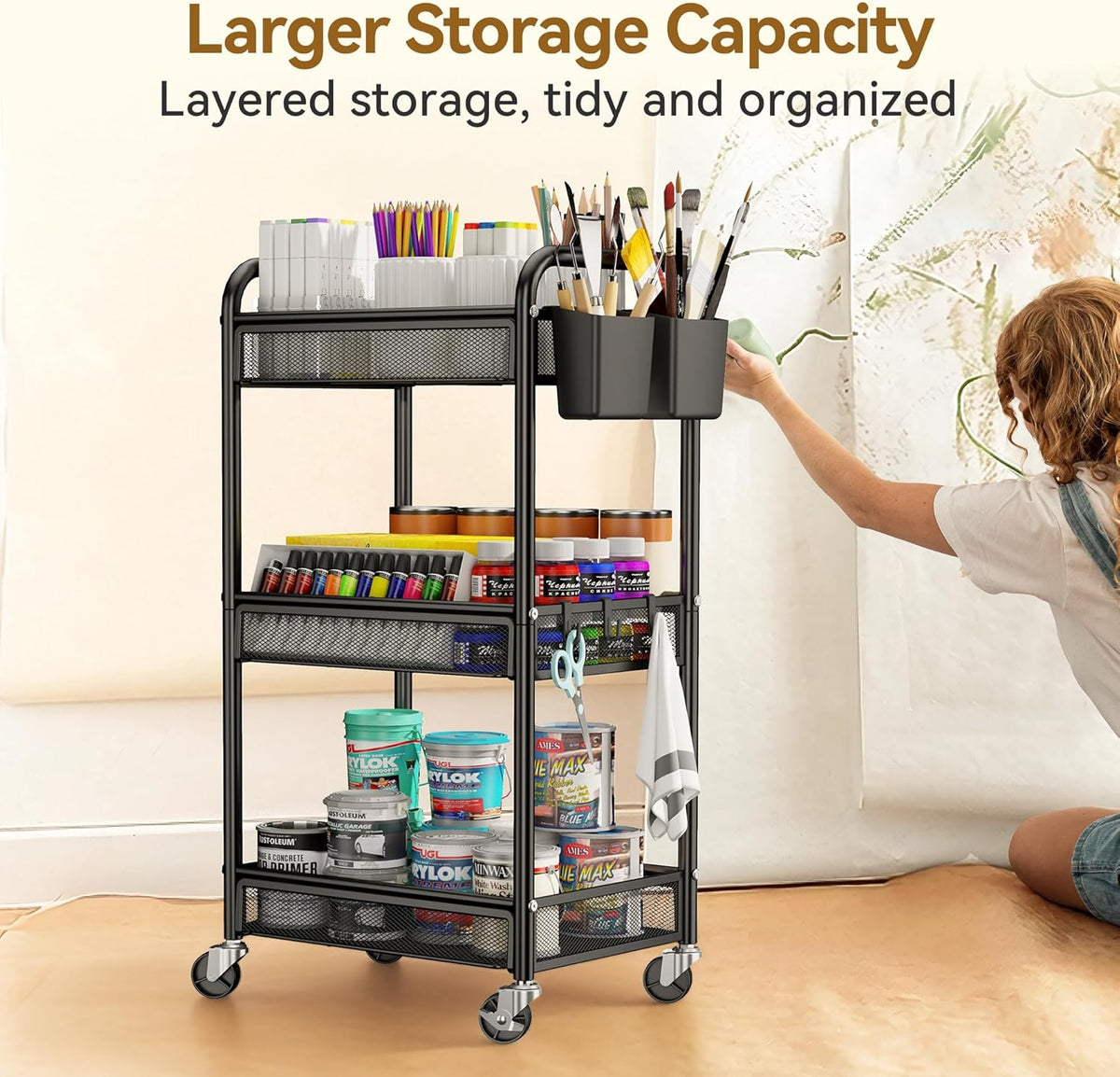 YASONIC 3 Tier Rolling Cart – Metal Utility Storage Carts with Wheels, Craft Cart Organizer with Hanging Cups, Hooks, Mesh Basket for Bedside Kitchen Office Art, Black
