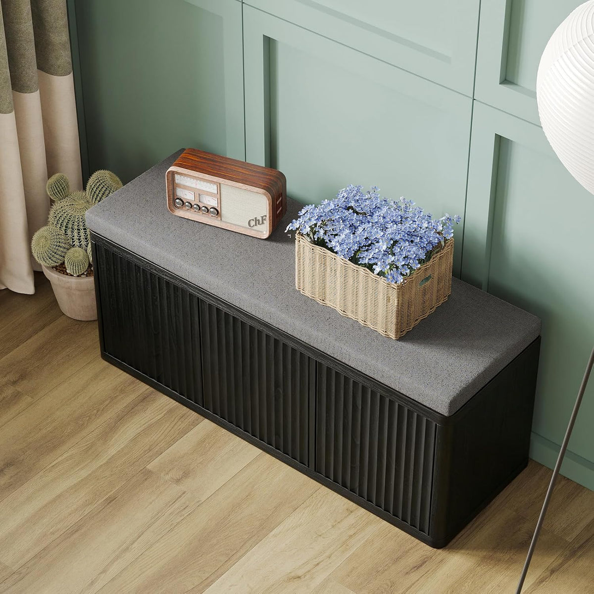 2-Tier Shoe Storage Bench with Cushion, 41.3" Entryway Bench with Padded Seat Cushion, Hidden Shoe Cabinet Storage for Hallway, Living Room, Bedroom,Black