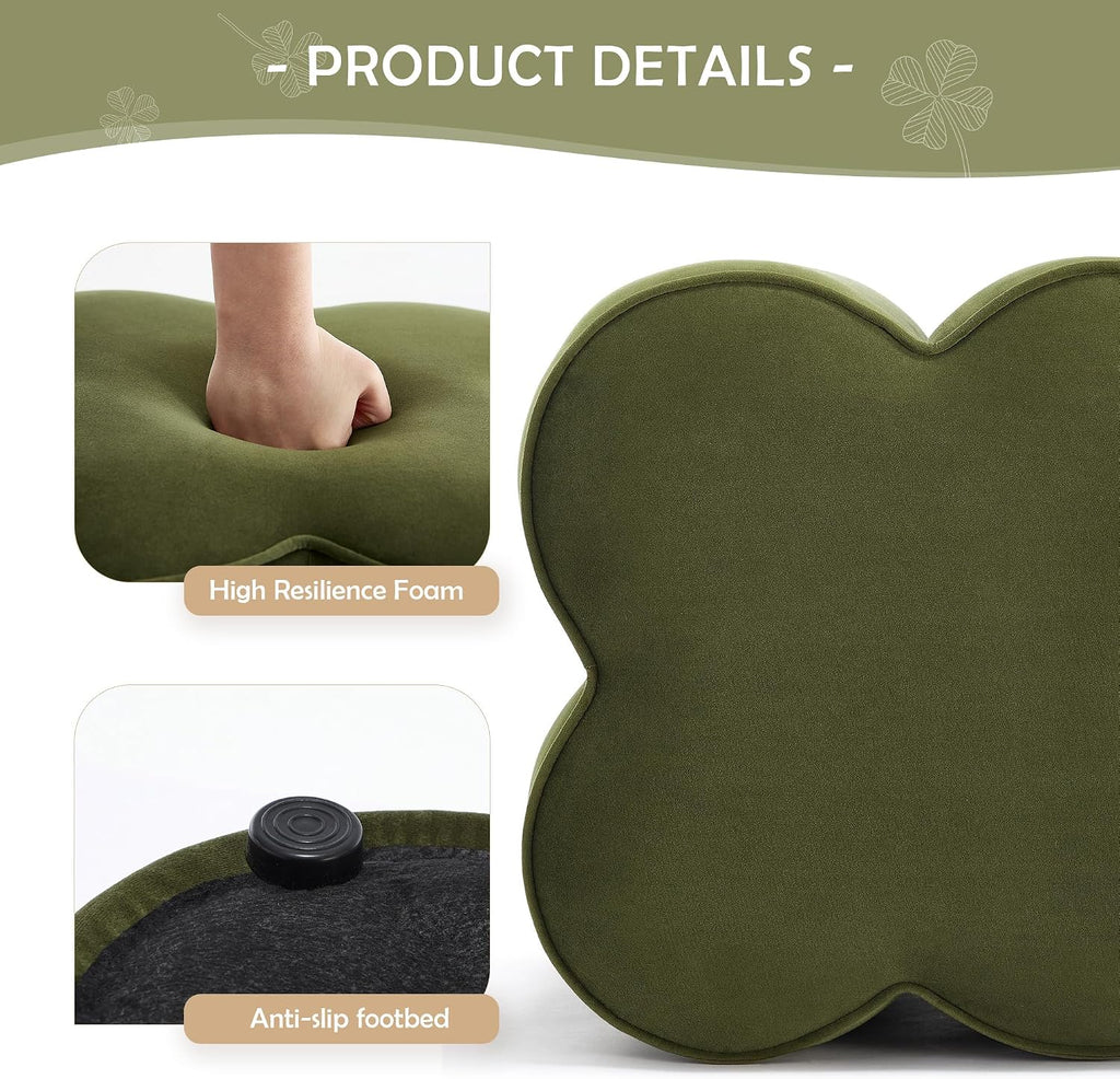 Olive Green Velvet Ottoman Set of 2, Modern Small Vanity Stool | Multi-Functional Ottoman Stool, Footrest for Couch, Flower Footstool for Makeup Room, Entryway and Living Room